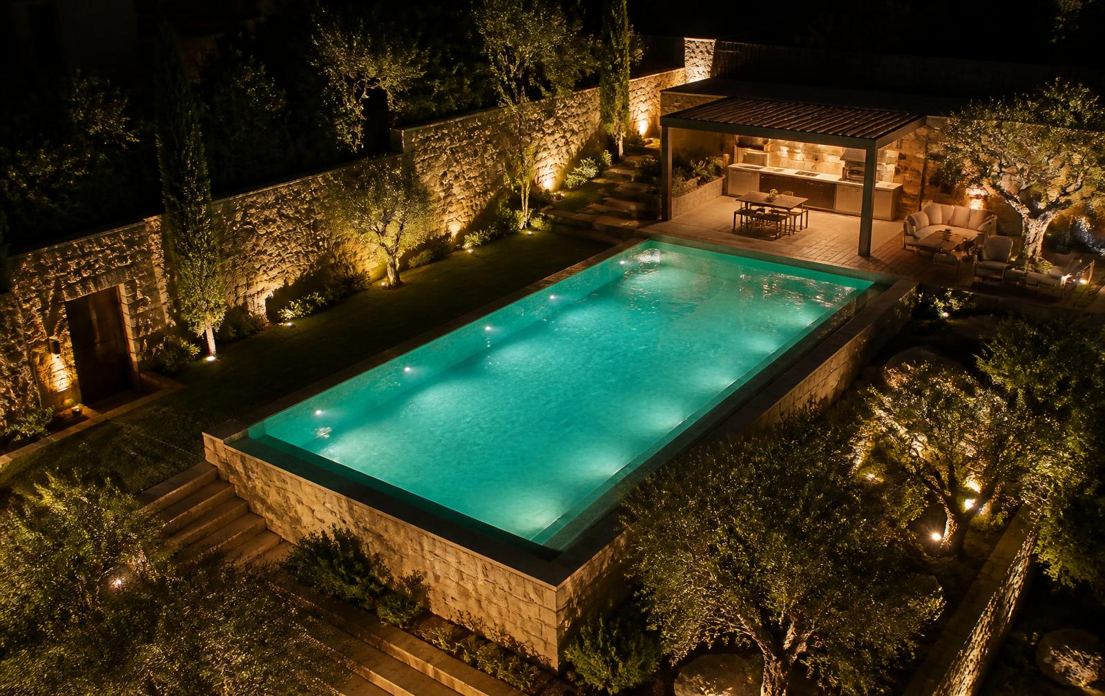 Aerial night view of the Villa A68 garden with landscape lighting