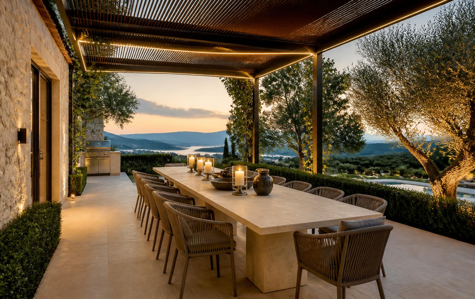 Outdoor dining table under a pergola at Villa A68