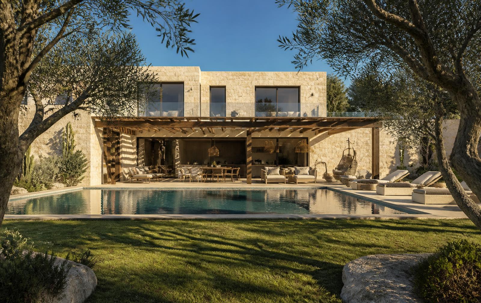 View from the garden toward the rear façade of Villa A68