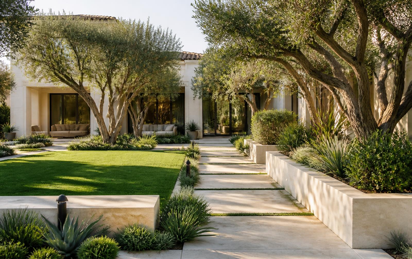 Landscaped garden with olive trees and lawn at Villa A68