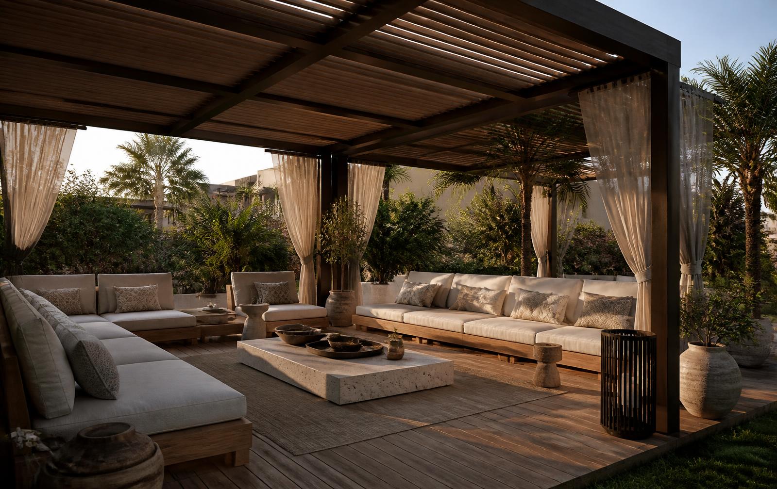 Luxury outdoor garden lounge on a timber deck beside the pool