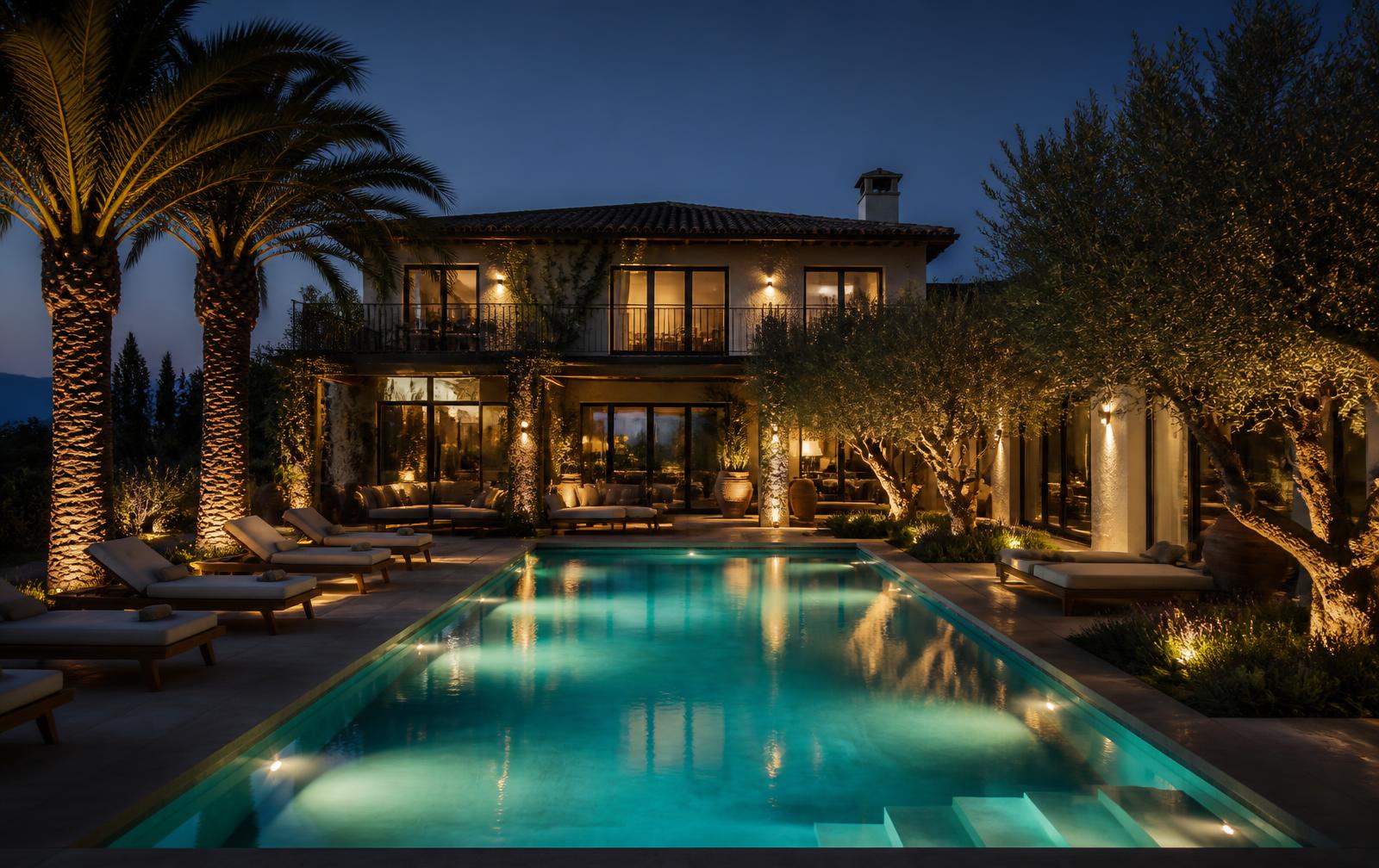 Villa A68 swimming pool illuminated at night