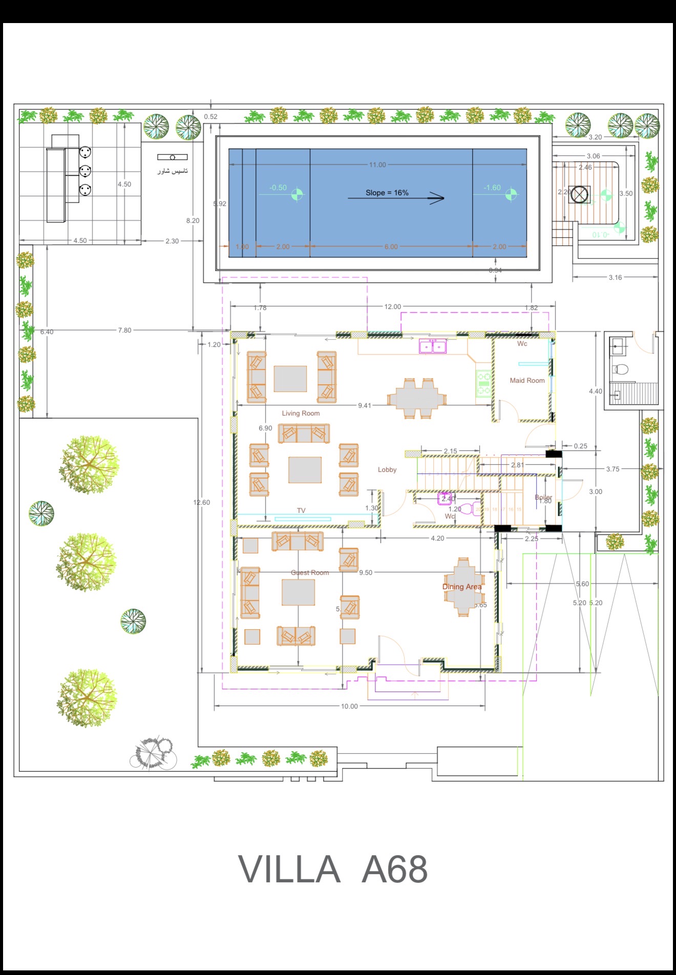 Villa A68 ground floor architectural plan showing living room, guest lounge, dining, kitchen and lobby