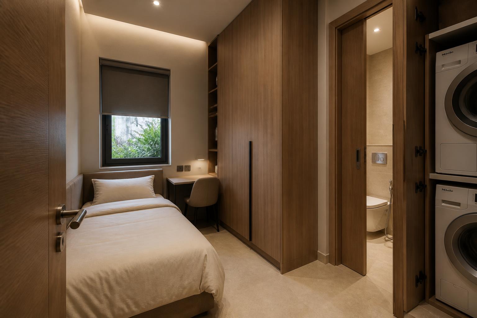 Maid's room in a luxury villa with oak veneer wardrobe, single bed, desk and a service WC with laundry niche beyond