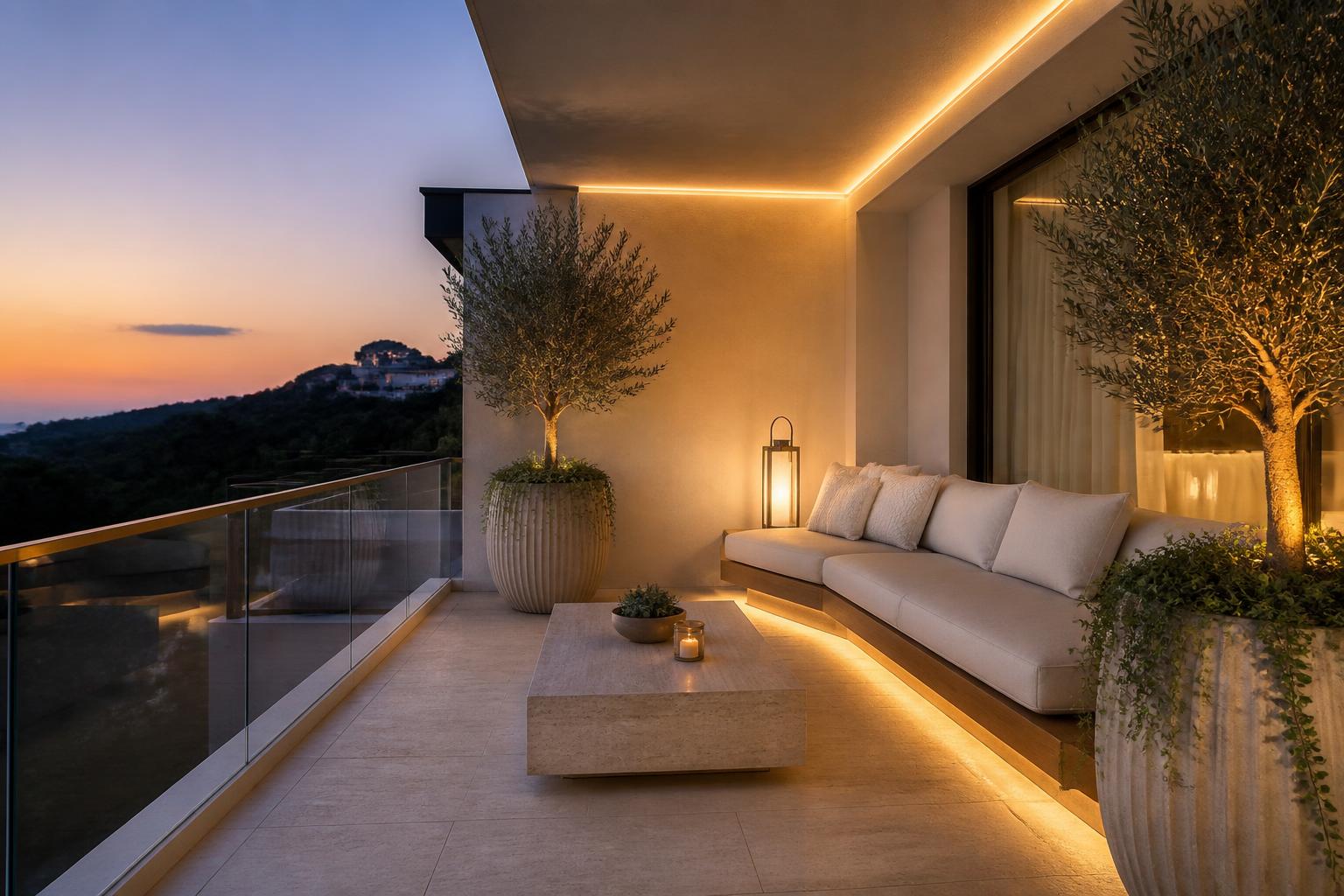 Luxury villa terrace at dusk with a built in cream cushioned bench, travertine table and olive trees