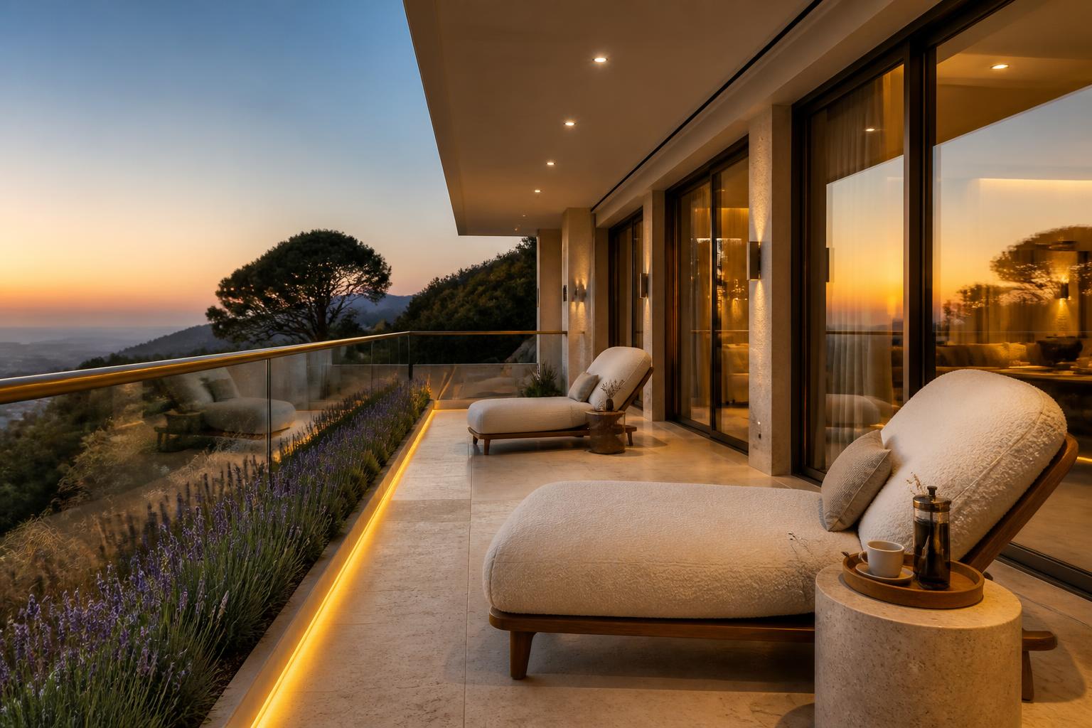 Private master bedroom terrace with two teak loungers, planted edge and warm concealed lighting at sunset