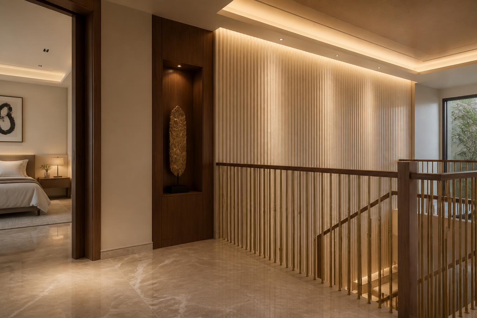 Upper lobby with a frameless glass balustrade and a fluted cream stone feature wall
