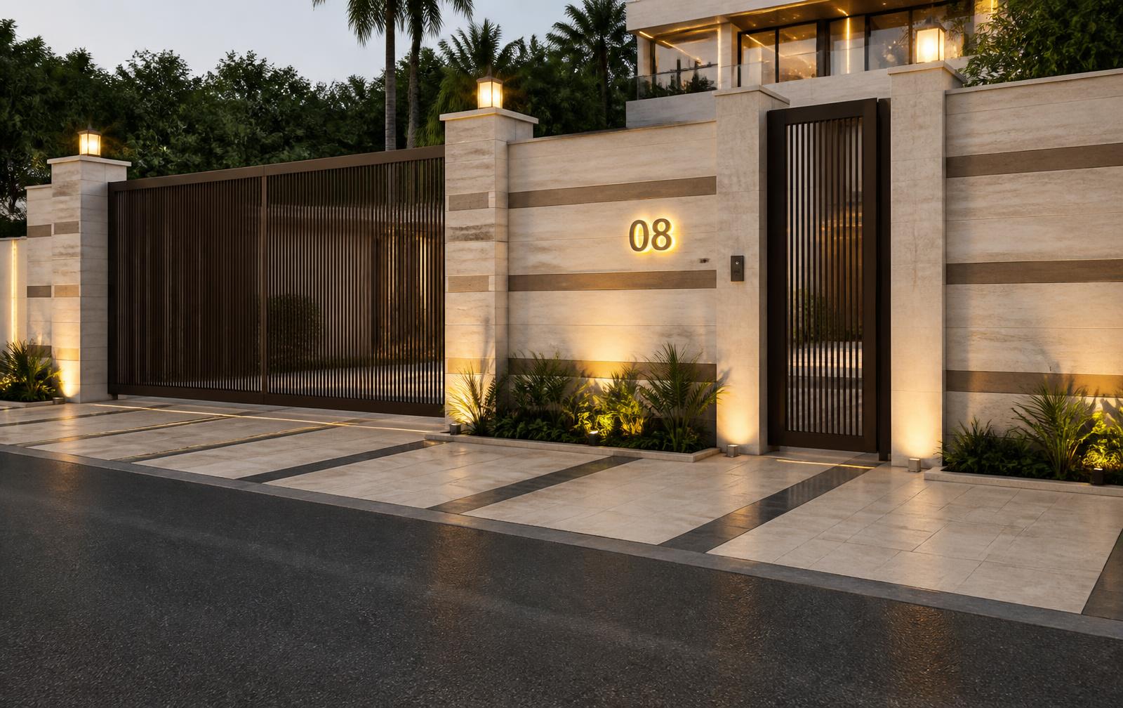 Villa A68 boundary wall, vehicle gate and pedestrian entrance