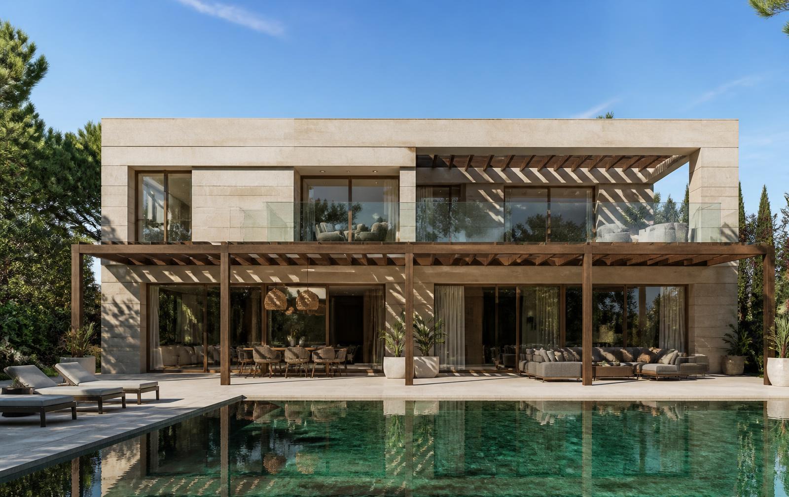 Rear façade and pool of Villa A68 in daylight