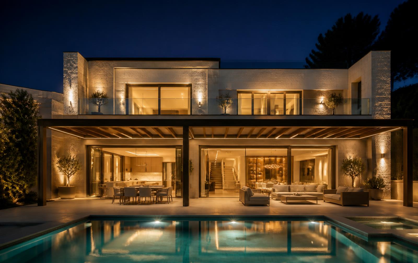 Rear façade and pool of Villa A68 at night